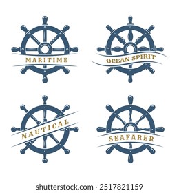 Conjunto de emblema do volante do navio. Gravação de barco e rodas de direção do navio símbolos ilustração vetor isolado