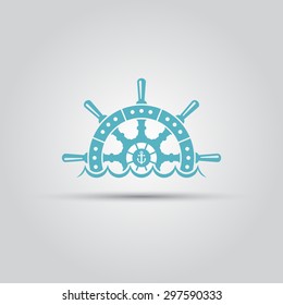 Ship steering wheel hidden behind the waves of the sea isolated vector logo