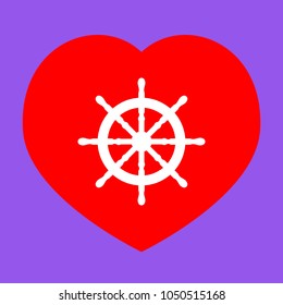 Ship steering wheel icon. Boat. Handwheel. Vector. White icon in red heart at lavender background.