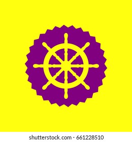 Ship steering wheel icon. Boat. Handwheel. Vector. Violet label with hole as icon on yellow background.