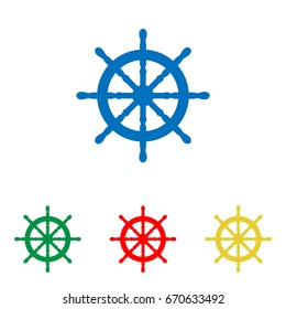Ship steering wheel icon. Boat. Handwheel. Vector. Big blue flat icon with red, green and yellow small icons at white background. Isolated.