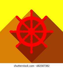 Ship steering wheel icon. Boat. Handwheel. Vector. Red icon with two flat reddish shadows on yellow background.