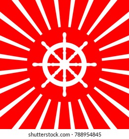 Ship steering wheel icon. Boat. Handwheel. Vector. White icon on red sun with rays as background. Isolated.