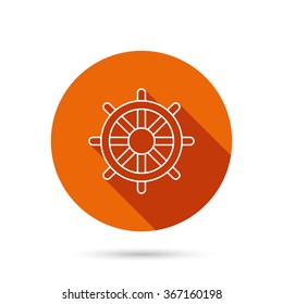 Ship steering wheel icon. Captain rudder sign. Sailing symbol. Round orange web button with shadow.