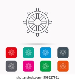 Ship steering wheel icon. Captain rudder sign. Sailing symbol. Linear icons in squares on white background. Flat web symbols. Vector