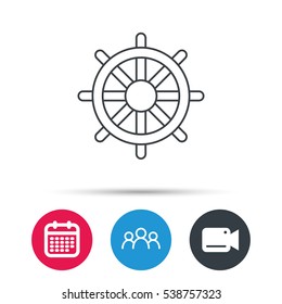 Ship steering wheel icon. Captain rudder sign. Sailing symbol. Group of people, video cam and calendar icons. Vector