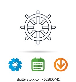 Ship steering wheel icon. Captain rudder sign. Sailing symbol. Calendar, cogwheel and download arrow signs. Colored flat web icons. Vector