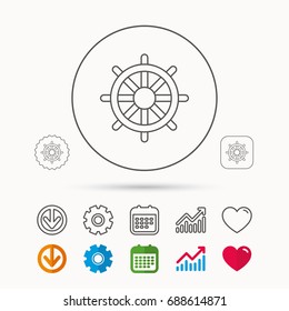 Ship steering wheel icon. Captain rudder sign. Sailing symbol. Calendar, Graph chart and Cogwheel signs. Download and Heart love linear web icons. Vector