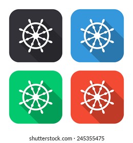 ship steering wheel icon - colored illustration (gray, blue, green, red) with long shadow