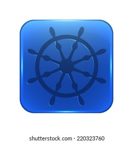 ship steering wheel icon - glossy blue button