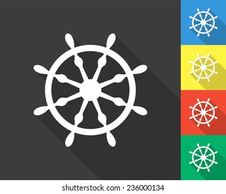ship steering wheel icon - gray and colored (blue, yellow, red, green) vector illustration with long shadow