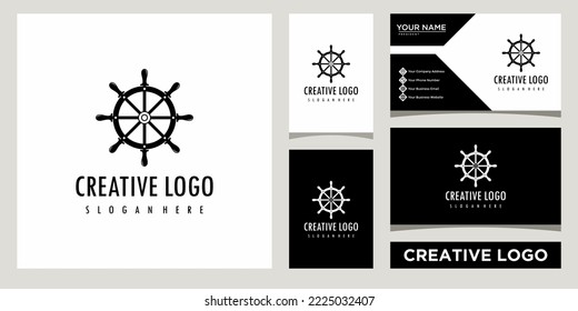 Ship steering wheel icon logo design template with business card design