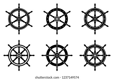 Ship steering wheel icon set. Silhouette vector