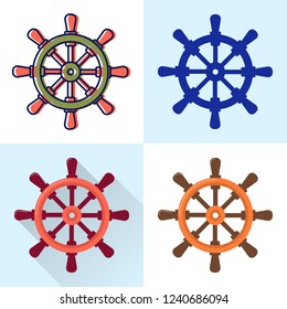 Ship steering wheel icon set in flat and line styles