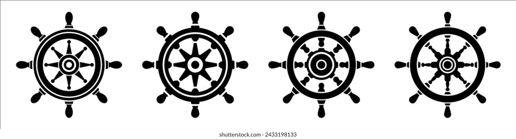 Ship steering wheel icon. Set of ship's wheels. Steering wheel symbols. Boat steering wheel icon in flat style. Vector illustration.