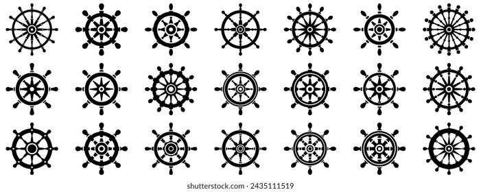 Ship steering wheel icon. Set of ship's wheels. Steering wheel symbols. Boat steering wheel icon in flat style. Vector illustration.