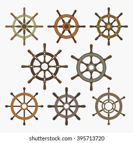 Ship steering wheel icons isolated on white. Set of 8 shipboard helm vector signs. EPS8 illustration.