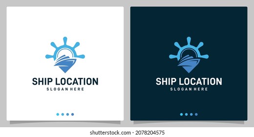 Ship steering wheel inspiration and abstract boat shape with location logo. Premium Vector