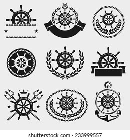 Ship steering wheel label and element set. Vector