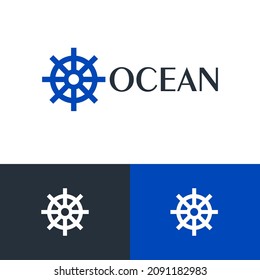 Ship steering wheel logo design concept. Ocean logomark illustration. Can representing sea, marine, blue, captain, sailor.