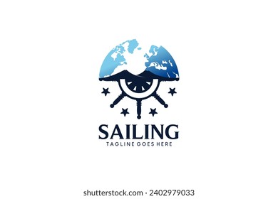 Diseño del logotipo del volante de dirección del buque con símbolos del mundo para el logotipo de envío, aventura marítima