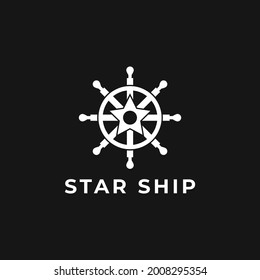 Ship steering wheel logo and star symbol in the midle, isolated on black background