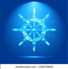 ship steering wheel, low poly style, blue light, marine, web design, vector illustration