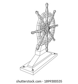 Ship steering wheel. Marine rudder. Wireframe low poly mesh vector illustration.
