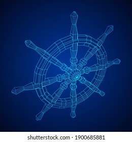 Ship steering wheel. Marine rudder. Wireframe low poly mesh vector illustration.