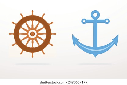 Ship steering wheel and nautical anchor isolated on white background. Marine concept and seafaring symbol.