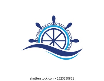 Ship steering wheel with Ocean wave logo design