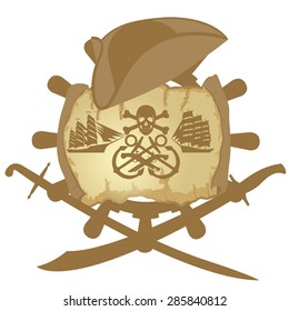 Ship steering wheel and sailing ship on the background of old parchment. The illustration on a white background.
