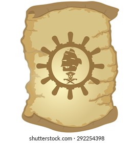Ship steering wheel and sailing ship on the background of old parchment. The illustration on a white background.