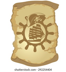 Ship steering wheel and sailing ship on the background of old parchment. The illustration on a white background.