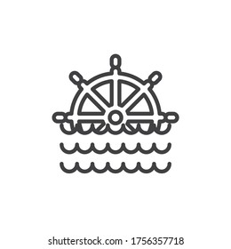 Ship steering wheel and sea waves line icon. linear style sign for mobile concept and web design. Marine steering wheel outline vector icon. Cruise travel symbol, logo illustration. Vector graphics