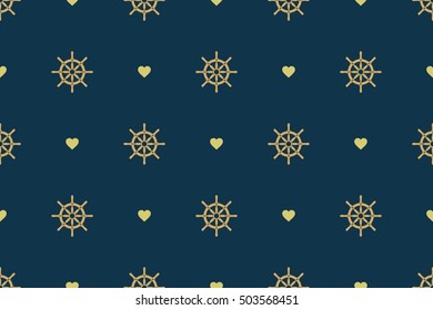 Ship steering wheel seamless pattern. Boat helms and hearts repeating texture. Nautical background. Vector eps8 illustration.