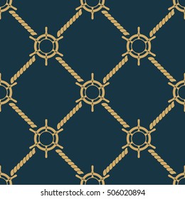 Ship steering wheel seamless pattern. Boat helms and ropes repeating texture. Nautical background. Vector eps8 illustration.