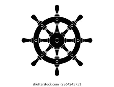 Ship Steering Wheel Silhouette Vector Flat Design Isolated on White Background. Black and White Ship Steering Wheel