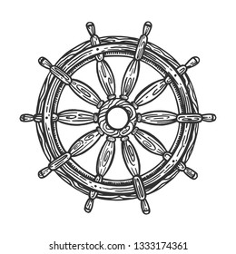 Ship steering wheel sketch engraving vector illustration. Scratch board style imitation. Hand drawn image.