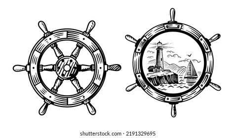 Ship steering wheel sketch engraving