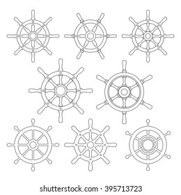 Ship steering wheel thin line icons isolated on white. Set of 8 ship helm design elements.  EPS8 vector illustration.