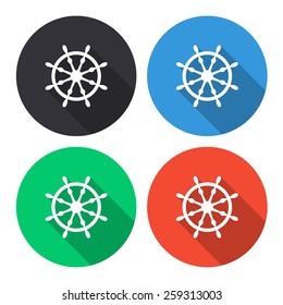 Ship steering wheel vector icon - colored(gray, blue, green, red) round buttons with long shadow