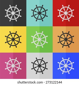 Ship steering wheel vector icon - colored set. Flat design