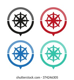 Ship steering wheel - vector icon; map pointer;  message bubble