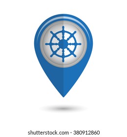 ship steering wheel - vector icon;  blue map pointer