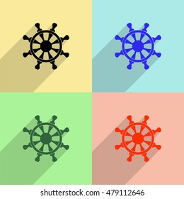 Ship steering wheel vector icon - colored set with  long shadow