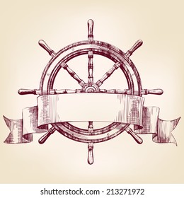 Ship Steering Wheel Vintage Drawing Vector Illustration