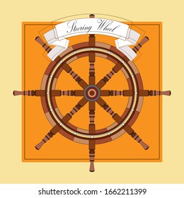 Ship steering wheel in a vintage frame with an inscription on top - steering wheel. Vector illustration