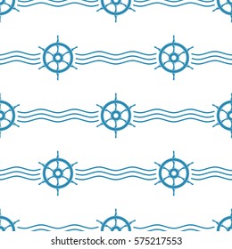 Ship steering wheel and waves seamless background. Creative geometric pattern, nautical theme. Design element for wallpapers, birthday card, fabric print etc. Vector illustration EPS 10.