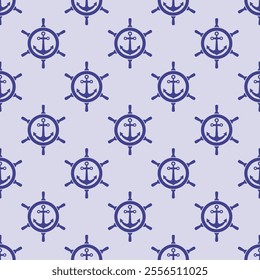 Ship steering wheels and anchors isolated on blue background. Seamless pattern. Vector simple flat graphic illustration. Texture.